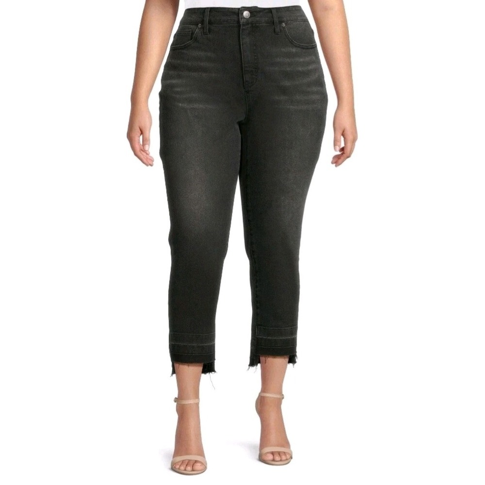 Terra & Sky Step Hem Straight Leg Jeans Size 26W Distressed Raw Edge Dusty Black